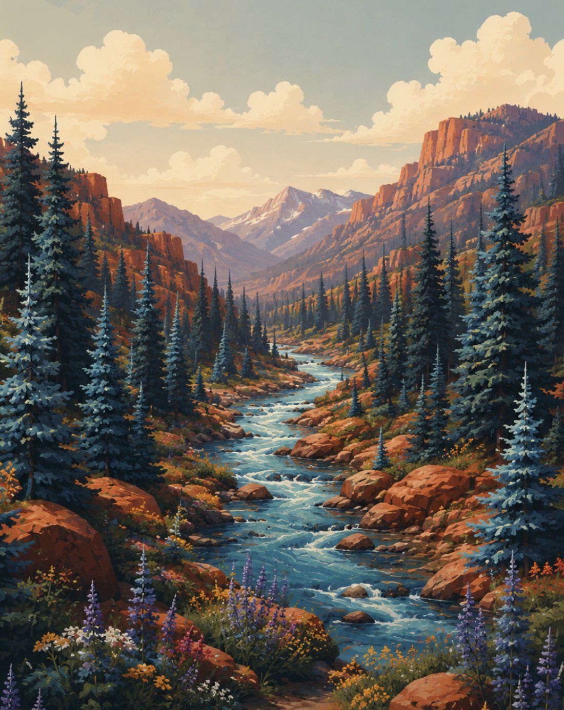 Illustration of a Western Slope river valley with blue spruce trees and red rock canyon walls